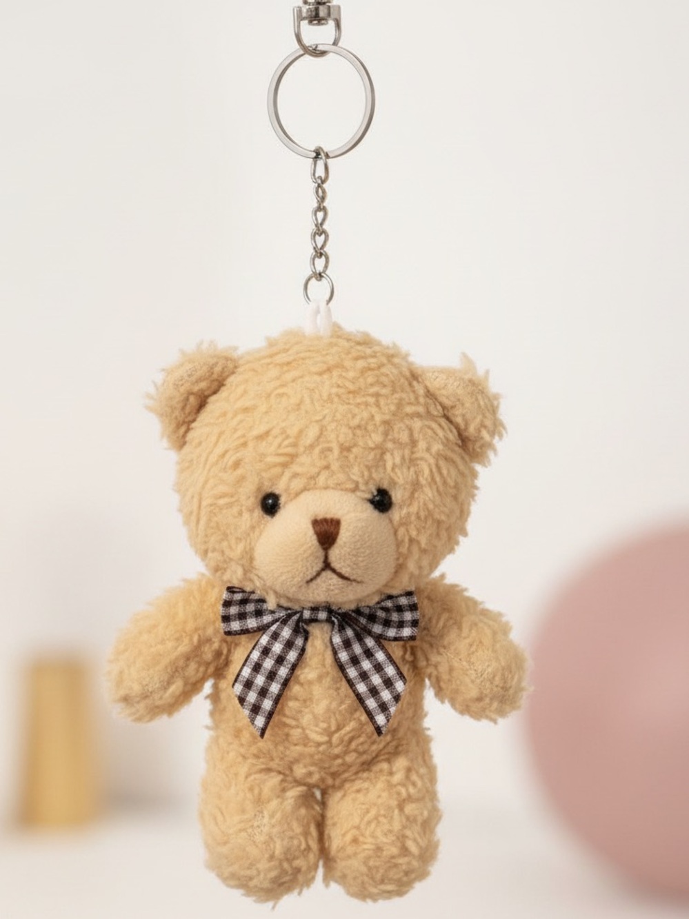 Teddy Bear Keychain - Tan Checkered Bow